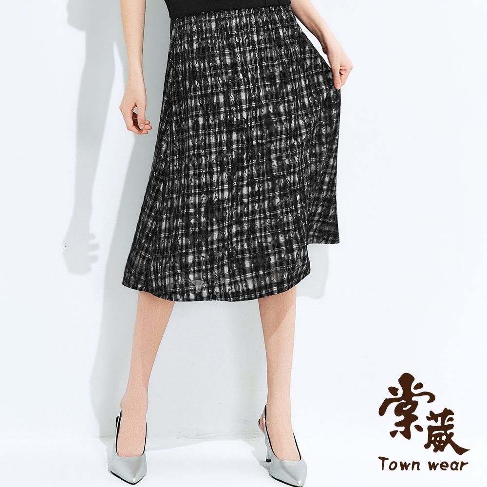 【TOWNWEAR棠葳】霧感格紋蕾絲飄逸中長裙(女下身/裙子/長裙/中長裙/格紋/彈性腰頭/日常穿搭/輕盈/網紗) (黑色系)
