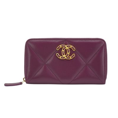 Chanel 香奈兒 19 金雙C logo羊皮拉鍊中夾(AP0948-紫)