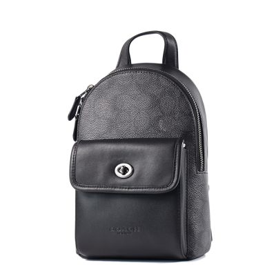 COACH 男款 緹花LOGO防刮拚小牛皮拉鍊單肩背胸包-灰黑/小