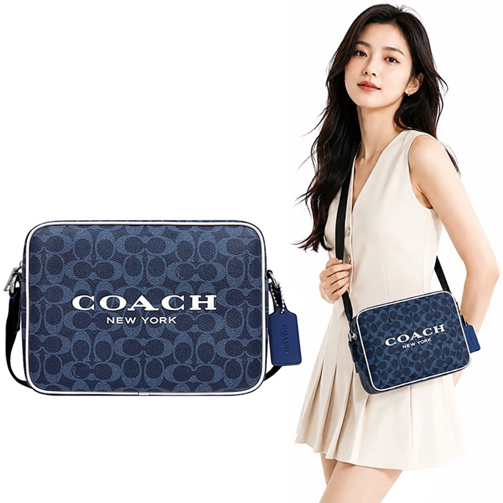 COACH 單寧藍色大C PVC斜背相機包-大型