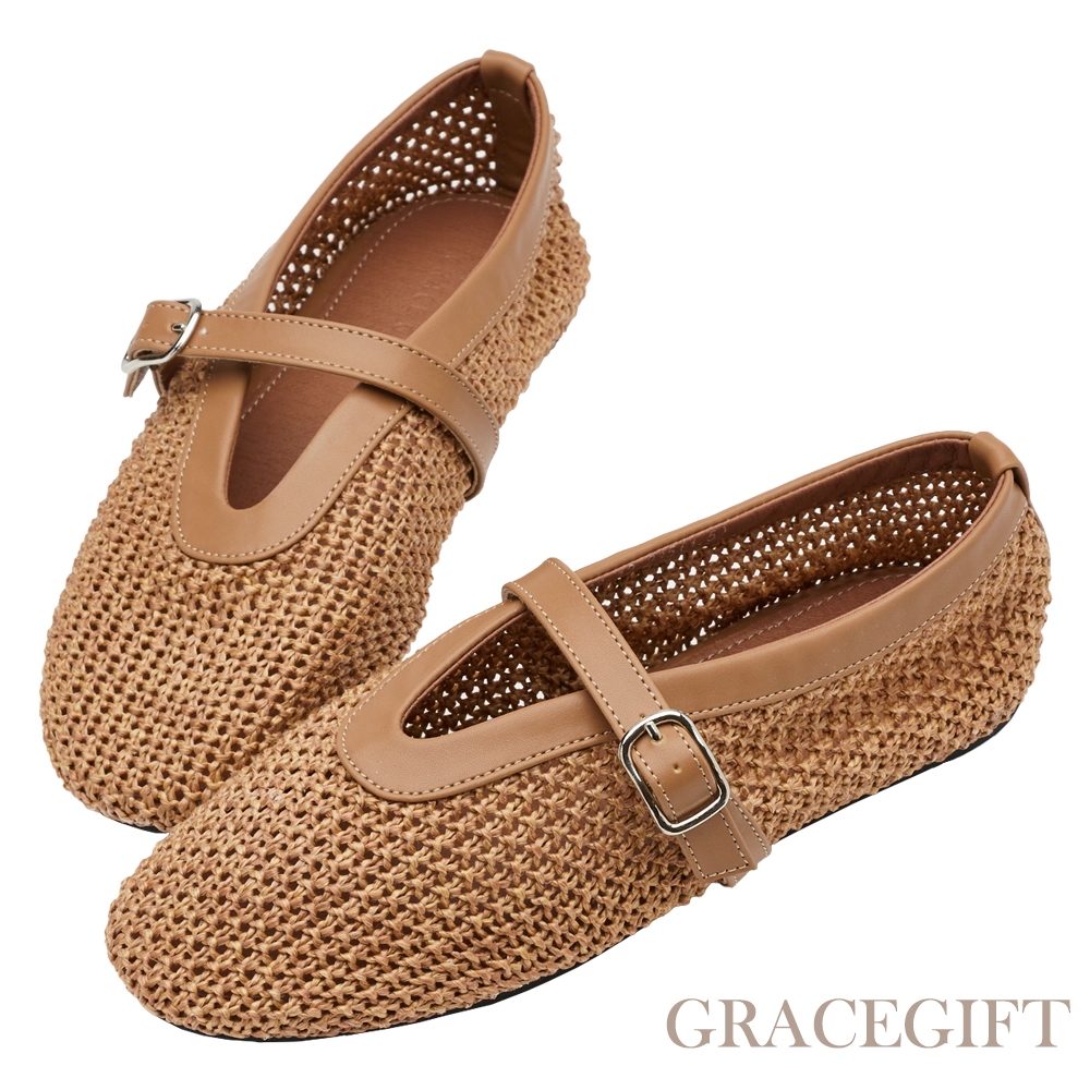 【Grace Gift】法式時髦簍空編織瑪莉珍平底鞋 棕