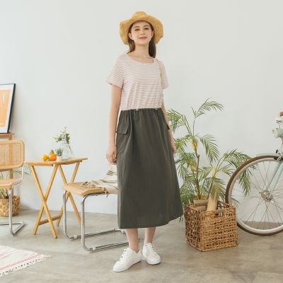 【CUMAR】圓領條紋異素材拼接工裝口袋短袖洋裝 藍 粉 (魅力商品)