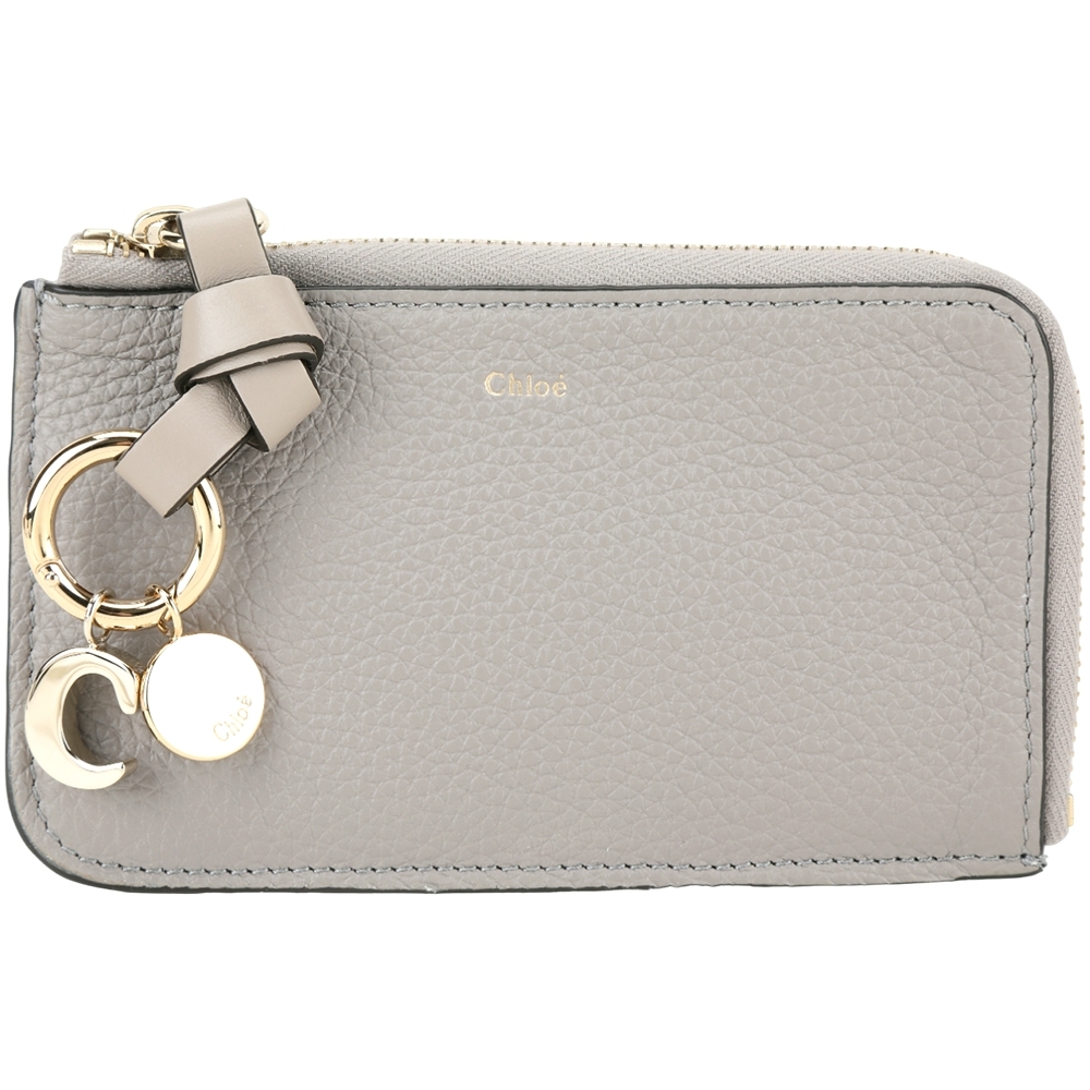 CHLOE 蔻依Alphabet C 荔紋小牛皮可拆金屬環拉鍊卡片夾/零錢包(灰色) | 歐系精品包/配件| Yahoo購物中心
