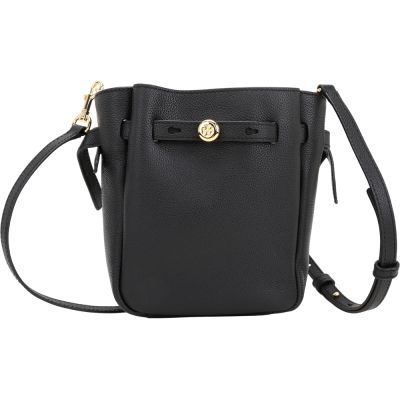 TORY BURCH Romy 鈕扣金屬標誌荔紋牛皮扣帶肩 斜背水桶包(小款/黑色)