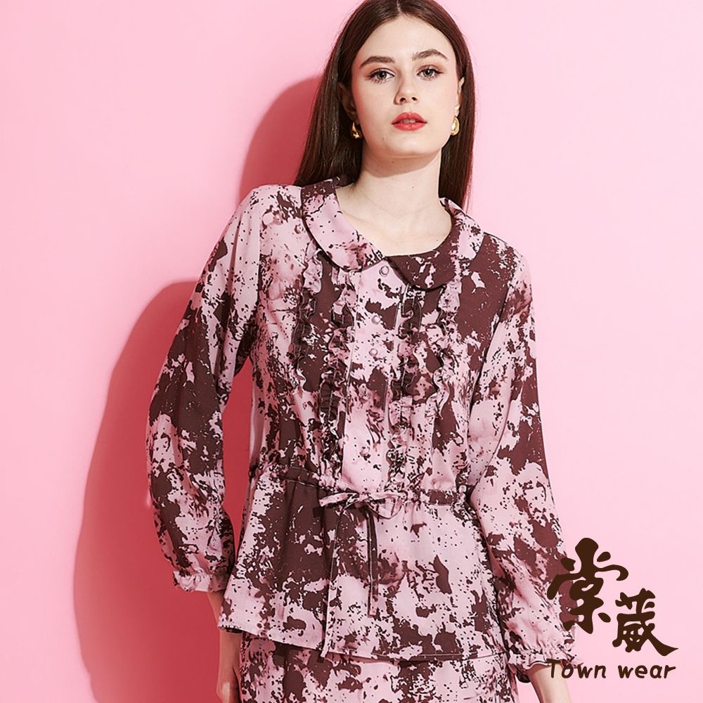 【TOWNWEAR棠葳】典雅潑墨雪紡上衣(中大尺碼/女上衣/女上著/透膚/印花/套裝/長袖/宴會/聚餐) (粉紅色系)