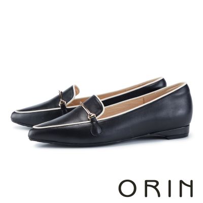 ORIN 尖頭牛皮金屬橫飾平底樂福鞋 黑色
