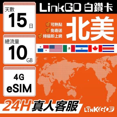 LinkGO白鑽卡 北美 eSIM卡 AT&T/Verizon 15天總流量10GB(北美網絡卡 美國 加拿大 墨西哥 巴拿馬)