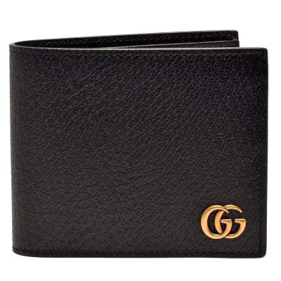 GUCCI 經典GG Marmont系列復古金屬G LOGO壓紋牛皮折疊短夾(黑-12卡)
