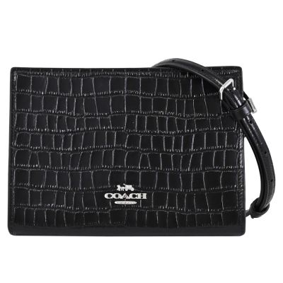 COACH 金屬LOGO鱷魚紋皮革迷你拉鍊斜背方包(黑)