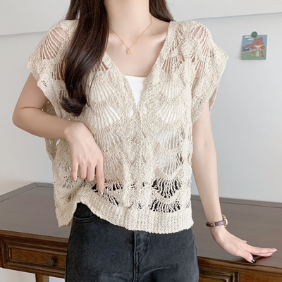 La Belleza法式V領手勾針織鏤空布蕾絲復古鈎花編織寬鬆罩衫背心