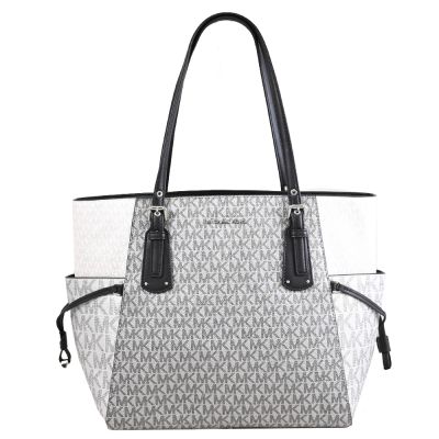 MICHAEL KORS VOYAGER 經典MK細閃印花皮革拼接雙層托特包(銀灰)