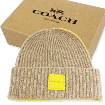 COACH 方標LOGO羊毛保暖毛帽附禮盒(灰棕/芥末黃)