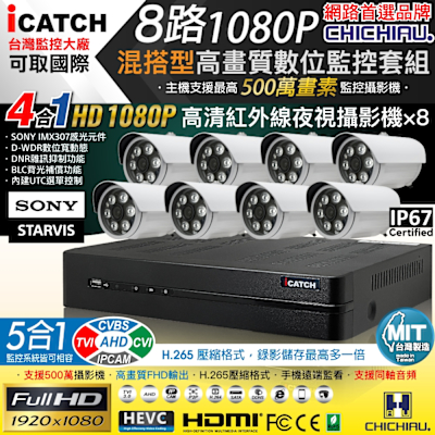 CHICHIAU H.265 8路5MP台製iCATCH數位高畫質監控錄影主機(含1080P SONY 200萬攝影機x8)