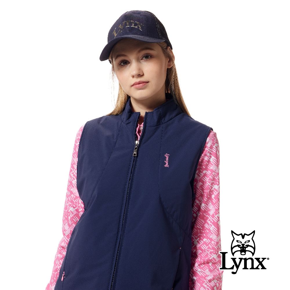 【Lynx Golf】女款防風保暖素面百搭隱形拉鍊口袋造型Lynx Golf字樣繡花無袖背心(二色) (丈青色)