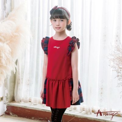 Annys安妮公主-學院格紋拼接秋冬款層次荷葉袖洋裝*3232紅色