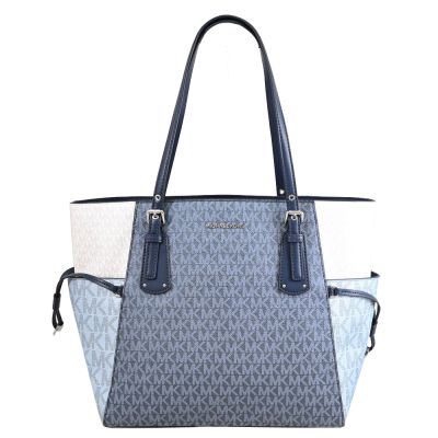 MICHAEL KORS VOYAGER 經典MK細閃印花皮革拼接雙層托特包(藍)