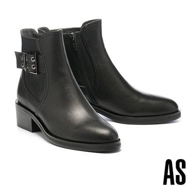 短靴 AS 別致時尚造型大方釦全真皮高跟短靴－黑