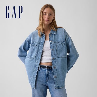 【GAP】寬版牛仔襯衫式外套-淺色水洗(911361)