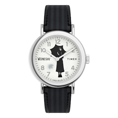 TIMEX 天美時 x Wednesday 37毫米 熱門影集《星期三》聯名 暗黑風格腕錶(白x黑 TXTW2Y19400)