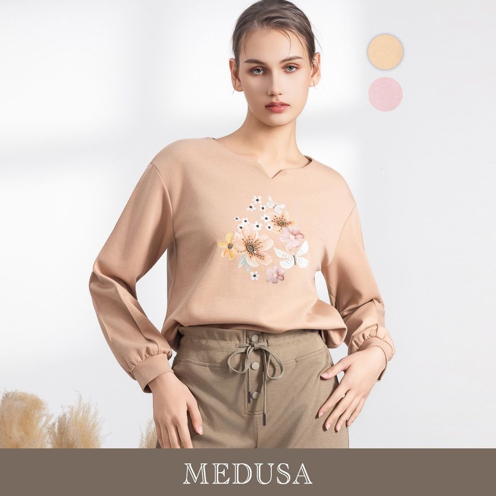 現貨【MEDUSA 曼度莎】氣質花漾壓褶小開口長袖上衣 - 2色（M-XL）｜女休閒上衣 女大學T 女長袖上衣 (卡其)