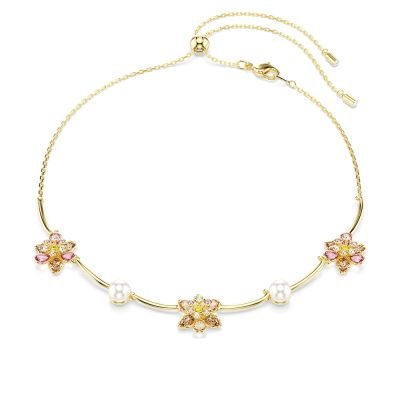 SWAROVSKI 施華洛世奇 Idyllia 自然之美 花漾粉色系水晶珍珠頸鍊 短項鍊 寵愛媽媽 送禮推薦-金色 5732388