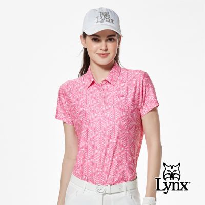 【Lynx Golf】女款吸濕排汗滿版幾何圖騰印花短袖POLO衫/高爾夫球衫-桃粉色
