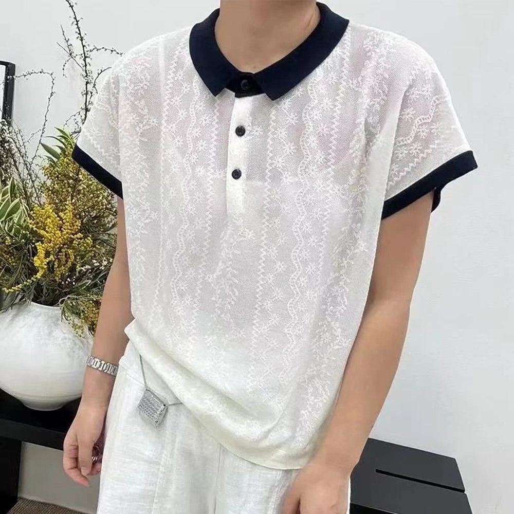 【ALLK 歐楷】新品上架 翻領配色造型上衣 4色 尺寸L-XL/中大尺碼/涼爽/透氣 (白色)