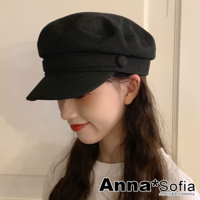 AnnaSofia 雙側圓鈕粗織棉麻質 報童帽貝蕾帽(酷黑系)
