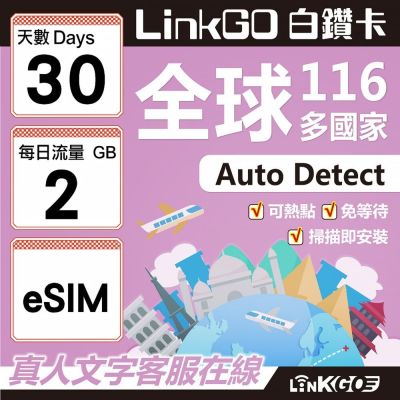LINKGO白鑽卡 全球116國 eSIM卡 30天上網絡卡 每日2GB(全球網絡卡 亞洲 歐洲 美洲 大洋洲 非洲)