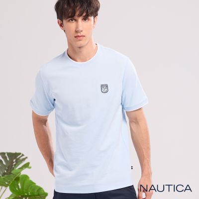 Nautica 官方旗艦 男裝 涼感抗菌經典品牌徽章刺繡短袖T恤-淺藍色
