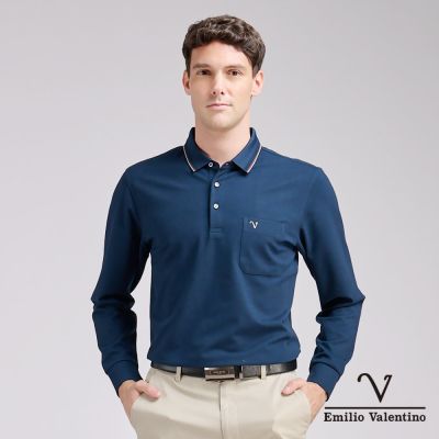 Emilio Valentino 範倫鐵諾 男 長袖POLO衫 保暖蓄熱口袋 藍(15-5V9999)