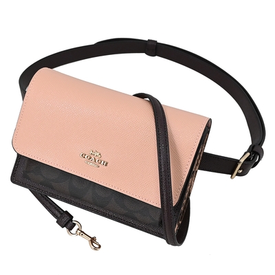 COACH 經典馬車LOGO蛇紋皮革拼接斜背兩用腰包(深咖/粉)