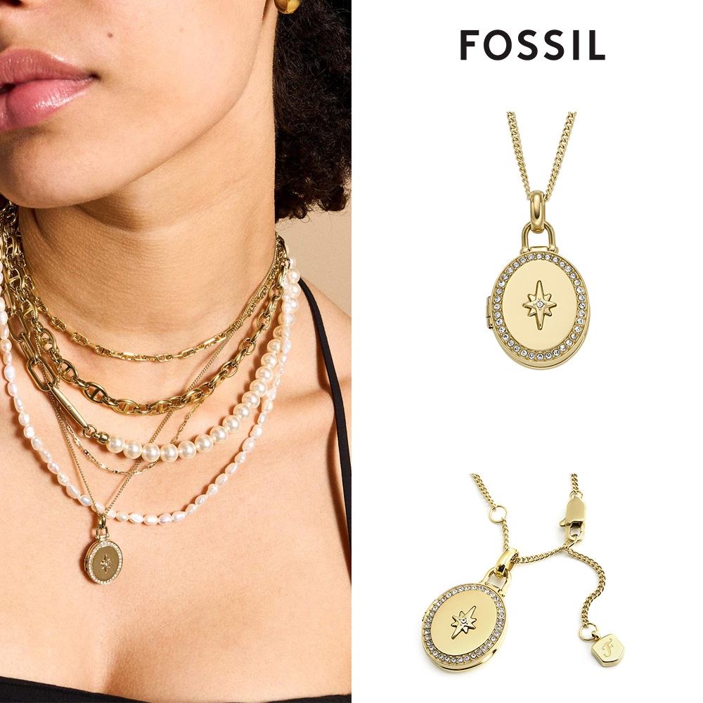 FOSSIL Sadie 復古星芒相片盒吊墜項鍊-金 JF04735710