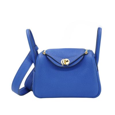 Hermes 愛馬仕 展示品 Mini Lindy 牛皮金釦手提/肩背兩用包-19cm(BLEU藍)