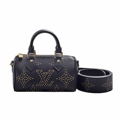 LOUIS VUITTON路易威登 LV M46745 經典Nano Speedy系列Empreinte壓紋牛皮金色鉚釘手提/斜背包(黑色)
