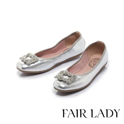 FAIR LADY 我的旅行日記 精緻方釦水鑽平底娃娃鞋 銀箔 (503186)