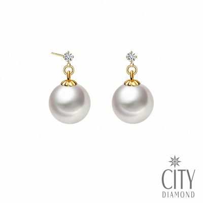 【City Diamond 引雅】18K日本AKOYA珍珠7-7.5MM黃K金鑽石短掛耳環(東京Yuki系列)