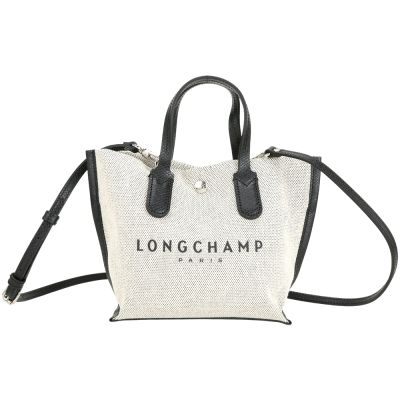 LONGCHAMP Essential XS 奔馬字母印花編織帆布拼牛皮手提 斜背包(亞麻色x黑)
