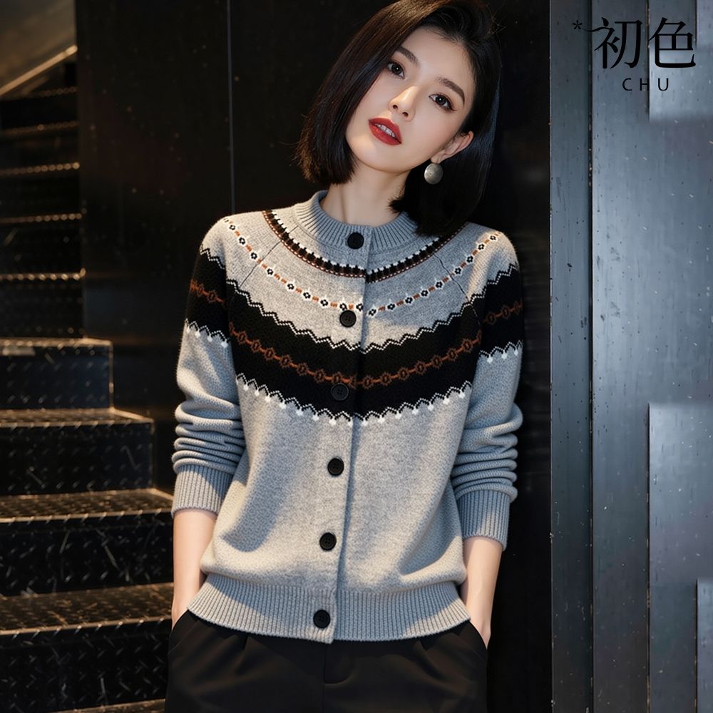 初色 日系慵懶風拚色圓領緹花單排釦長袖開杉毛衣上衣女上衣外套-共2色-18482(F可選)