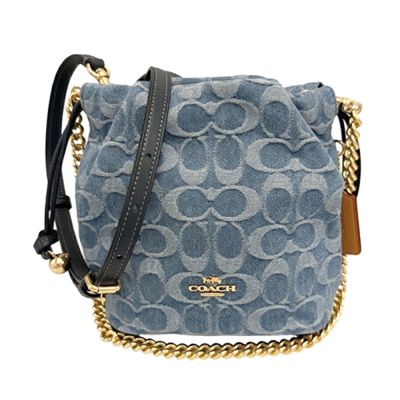 【COACH】FAYE 牛仔單寧鏈帶迷你手提斜背兩用水桶包(牛仔藍)