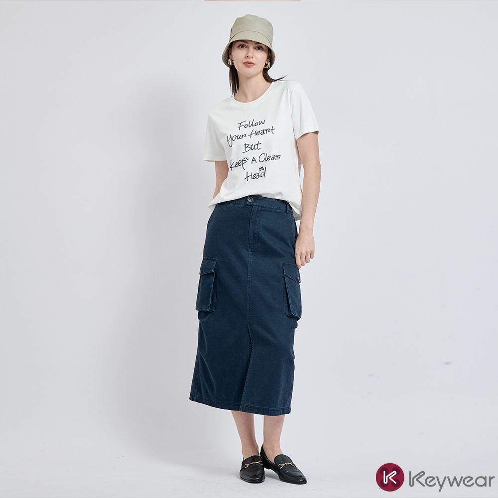KeyWear奇威名品    修飾身形工裝口袋長裙(共2色)-藍色