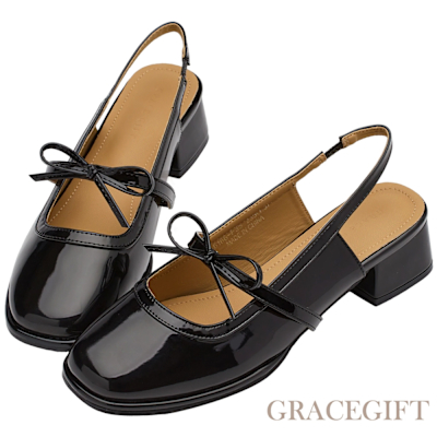 【Grace Gift】小花園蝴蝶結細帶後簍空瑪莉珍鞋 黑漆