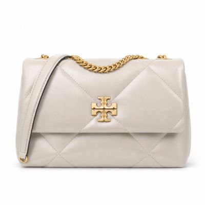 TORY BURCH KIRA 納帕皮革菱格絎縫翻蓋側背/肩背兩用包(小/淺灰)