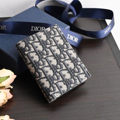 Christian Dior Oblique 滿版緹花LOGO直式對開式卡包(深藍)