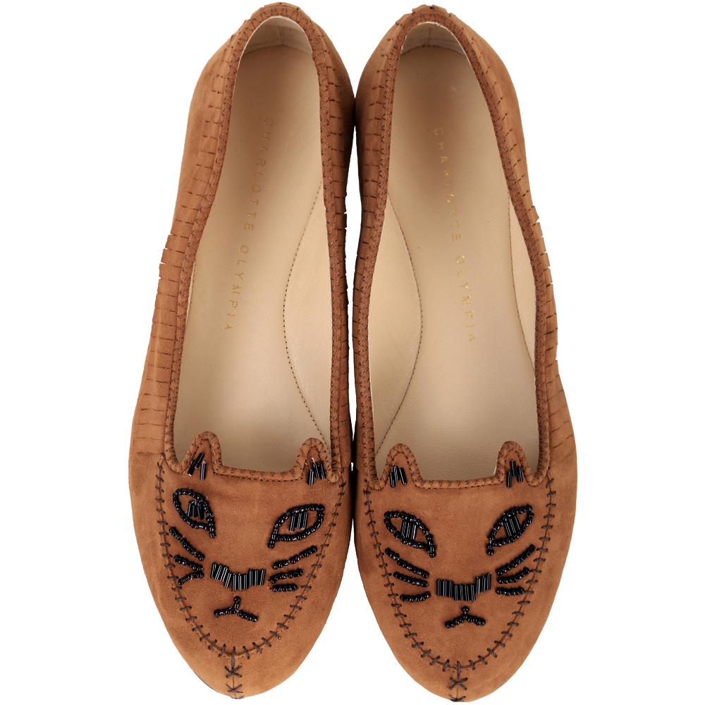 Charlotte Olympia Kitty 麂皮串珠飾貓咪平底鞋(棕色) | 精品服飾/鞋子