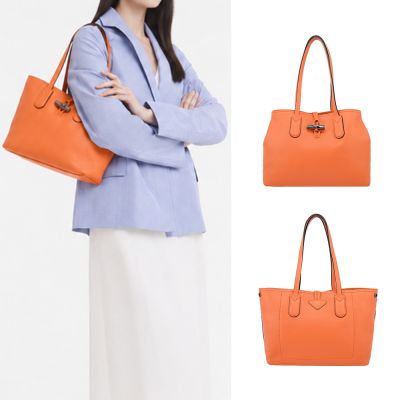 LONGCHAMP ROSEAU ESSENTIAL系列金屬竹節牛皮肩背包(中/柳橙)