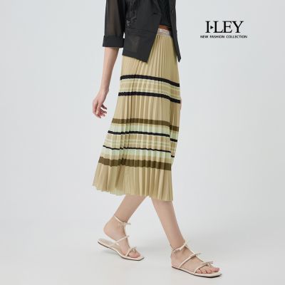 ILEY伊蕾 條紋印花壓褶長裙(卡其；M-L)