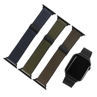 Apple Watch 全系列通用錶帶 蘋果手錶替用錶帶 黑鋼磁吸扣 皮革 橡膠錶帶-綠/黑/藍/褐色