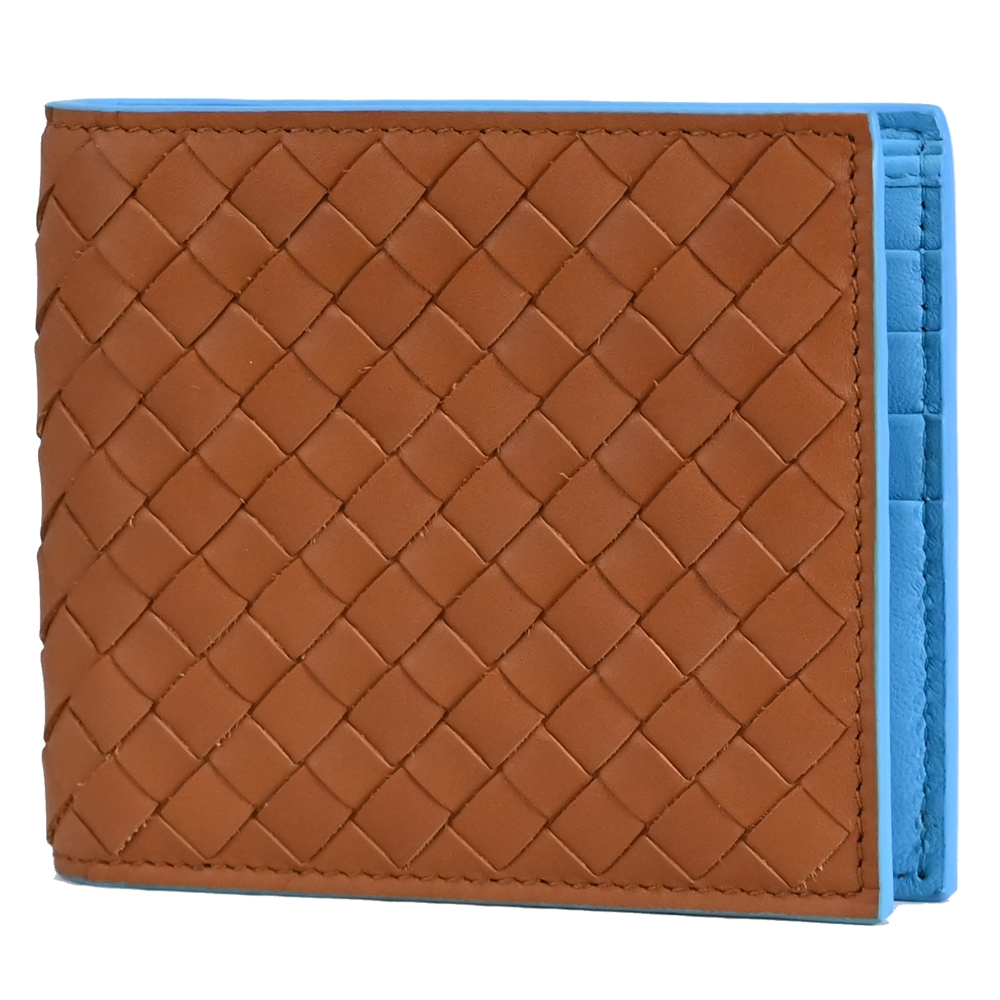 BOTTEGA VENETA經典編織拼色對開八卡短夾(咖/亮藍) | 歐系精品包/配件
