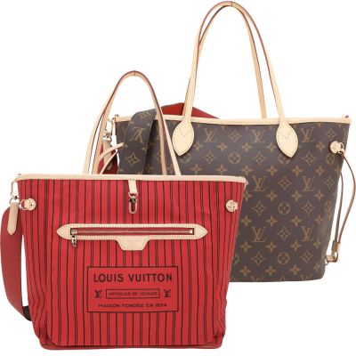 LOUIS VUITTON路易威登 Louis Vuitton LV路易威登 M12257 Neverfull Inside Out MM 條紋老花帆布牛皮雙面托特包(紅色)
